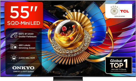TCL 55Q7D, Bærbare TV'er, Pro SQD Mini LED 55 tommer TV, 4K Smart TV, Google TV, Sort, Mini LED, 4K, 144 Hz, 288 Hz