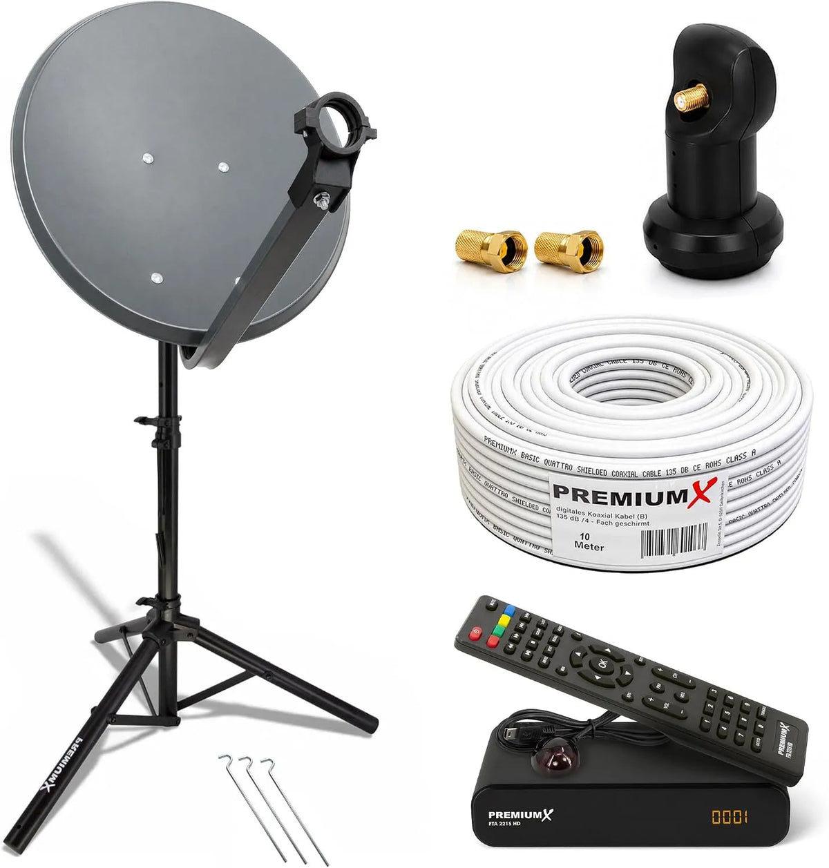Premium X, ZXQKEEP0QXZ, X, Satellitretter, X Camping Balkon Satellitsystem 45cm SAT skål Single LNB 10m kabel F- plug trepod, Sort, 45cm