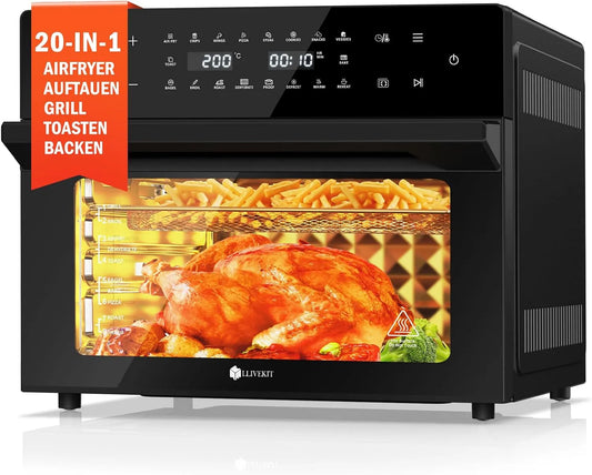 LLIVEKIT, Airfryere, 30L Varmefri fritureovn XXL, miniovn recirkuleret luft med 20 programmer, Sort / sølv, 30L, 1800 w, 60 dB, 46 cm