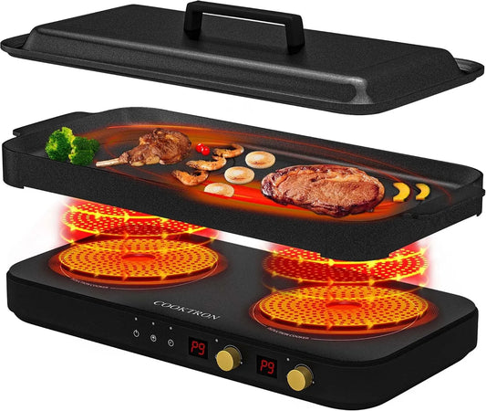 COOKTRON, Grenseaggregater, elektriske, Bærbart Induktionsspole 2 brændere med aftagelig jernstøbning grillpande Anti, Sort, 2800W, 1800W, 400W