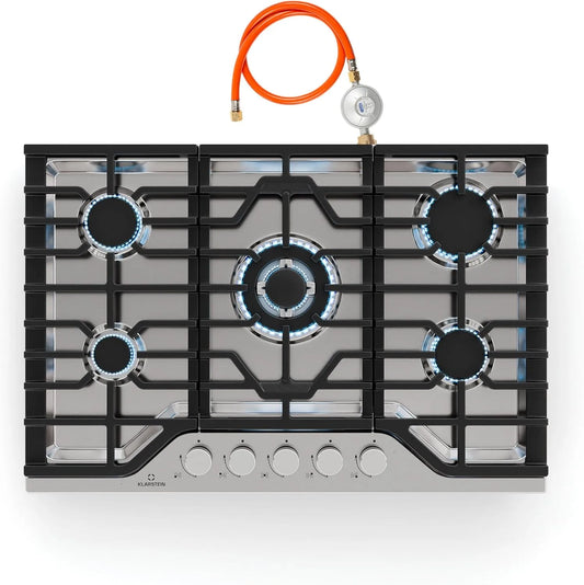 Klarstein 5-Brenner, Kogeplader, Turbocast Gas Kochfeld - 5-brænder rustfrit stål 304, 3, 4 kW Wokbrenner, Sølv, 4 kW, 750x500 mm, 304 g