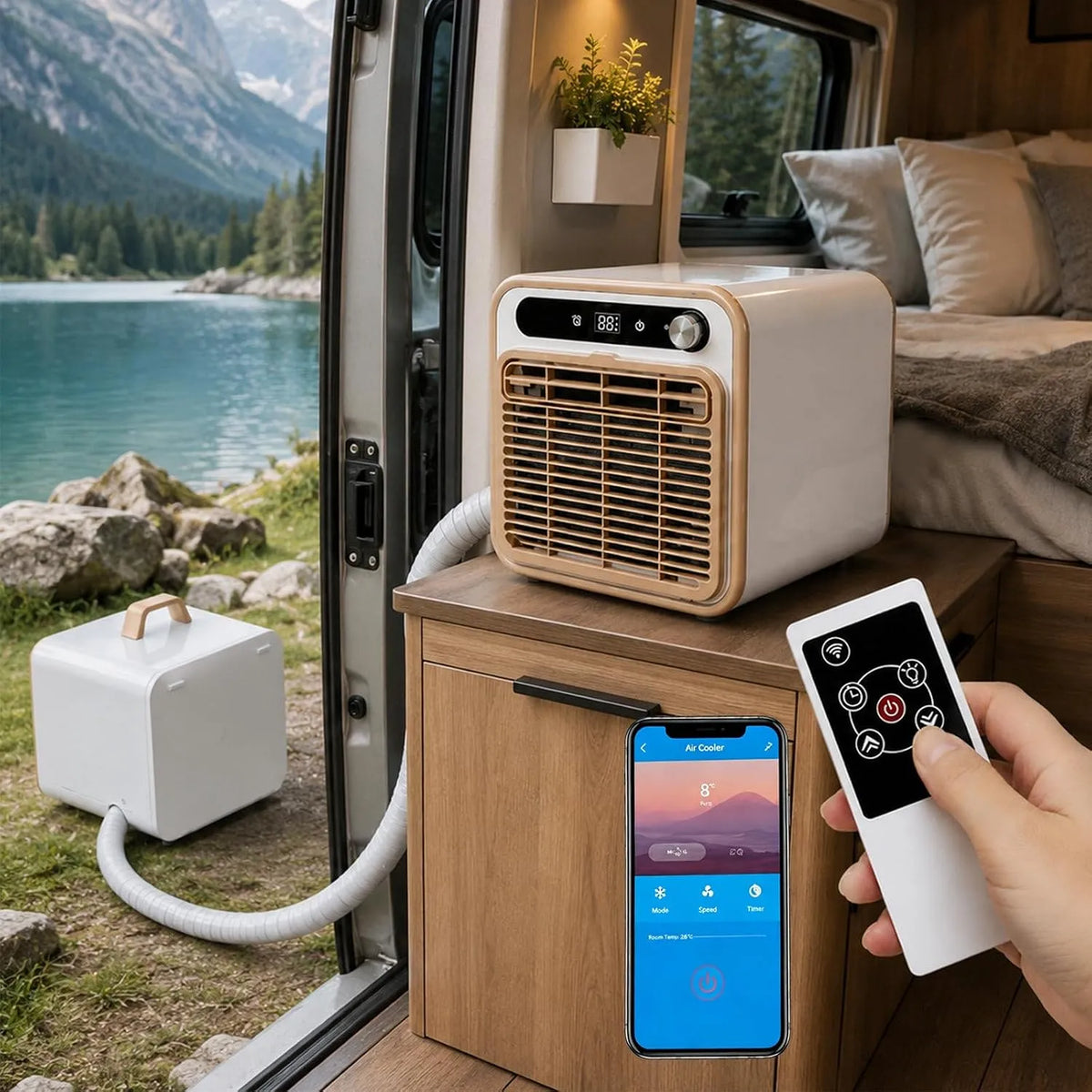 agreilduite 2m-Pipe, Mobile klimaanlæg, Campervan Air Condition, Light Split Køleskab med flere effekt muligheder & App, Hvid, 24V, 48V, 3500W