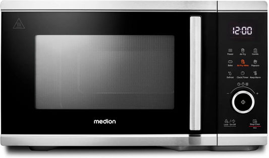 MEDION MD11499, Multifunktionelle mikrobølgeovne, Mikrobølgeovn med varmluftsfritter funktion (25 liter, 1.500 watt varm luft, 900, Sort / sølv