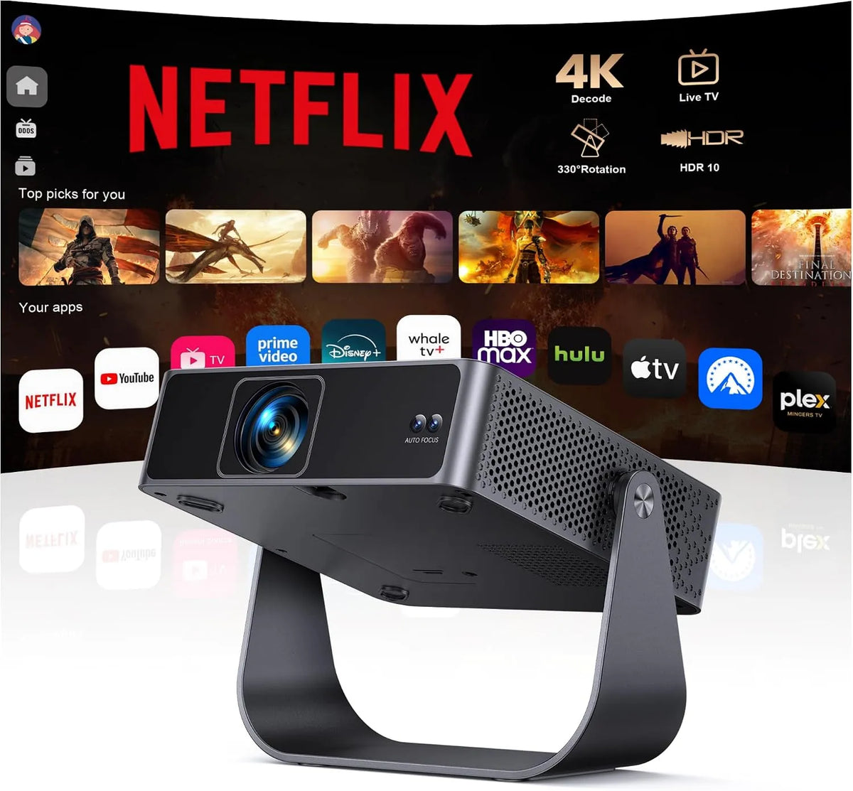 PUTRIMS Autofokus/6D TV/330, Projektorer, Smart Beamer Kompatibel med Netflix / Live TV / 330 ° Rotable Mear Mini Beamer 4K, Sort, 4K, 97 x 5