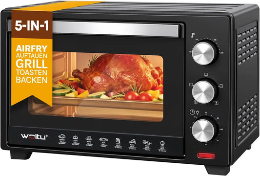 WOLTU, Miniovne, Mini ovn med cirkulerende luft 28 L, pizza ovn, 100- 230 ° C, timer 0- 60 min, Sort / sølv, 28 L, 26 cm, 1600 W, 2 cm