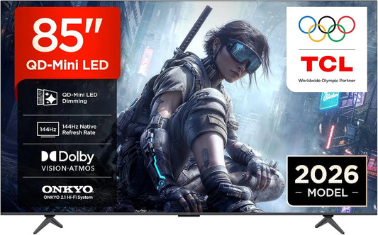 TCL 85T8D, Bærbare TV'er, QD- mini LED 85 tommer TV, 4K Smart TV, Google TV, 144 Hz, Sort, mini LED, 4K, QLED