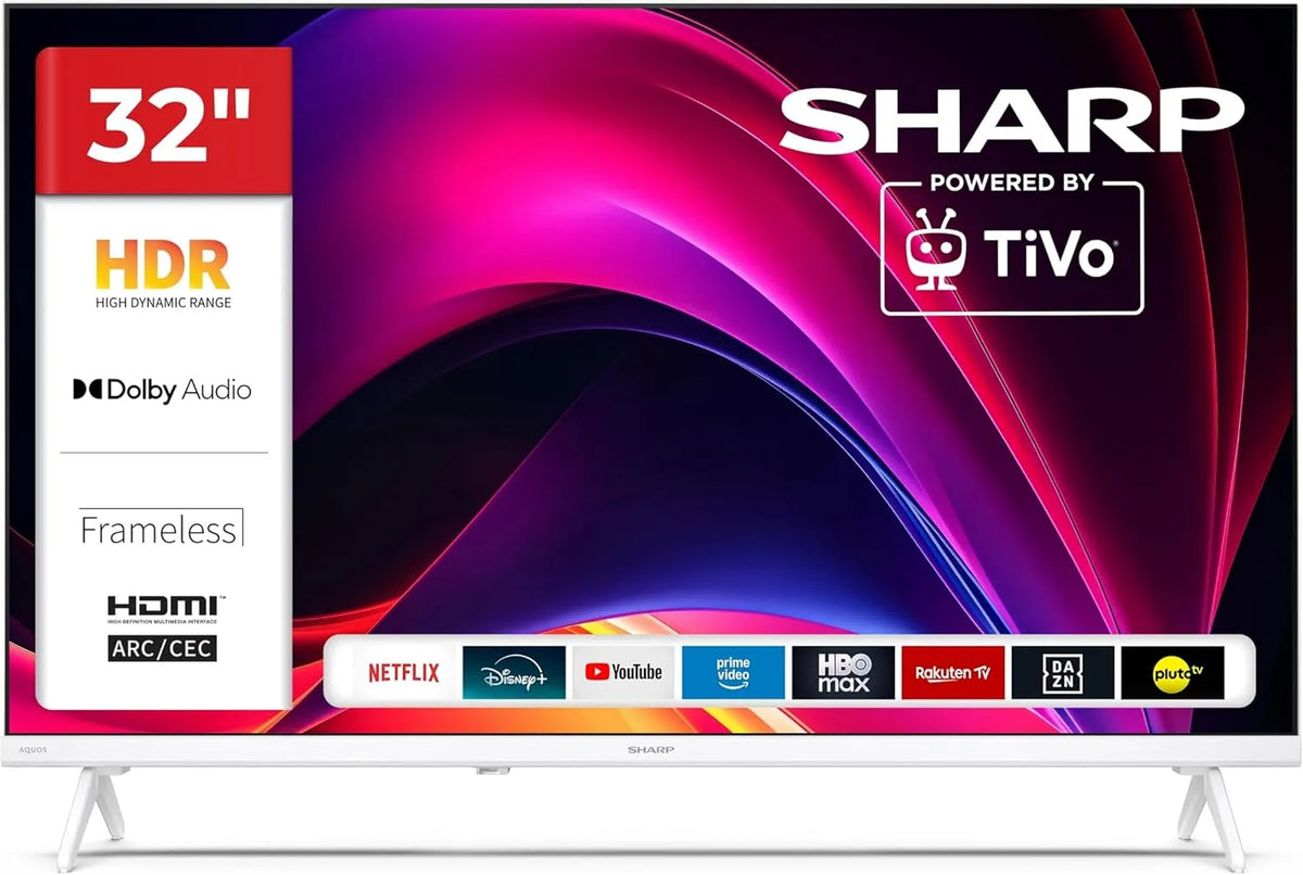 SHARP 32HE2745EW, Bærbare TV'er, TV 32 tommer Smart TV med HD- klar opløsning og HDR, Sort, 80 cm, 32 inch