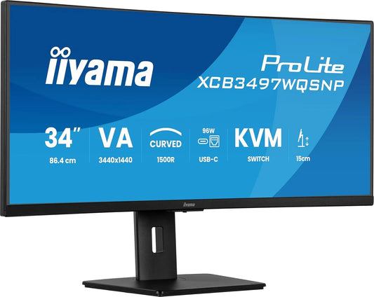 iiyama XCB3497WQSNP-B1 XCB3497WQSNP, Skærme, 86.7cm Prolite - B1 Kurvet 1500R 86, 7cm 34 tommer VA LED monitor UWQHD HDMI DP, Sort, 86.7cm, 3497W