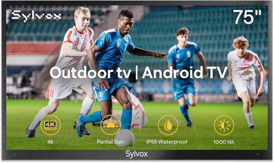 SYLVOX DVB-T2/S2 1000Nits, TV'er, 75 tommer Udendørs TV, IP55 vandtæt, 4K UHD HDR10, Smart Android-tv med Dolby, Sort, 55 v, 4K, 3840 × 2160