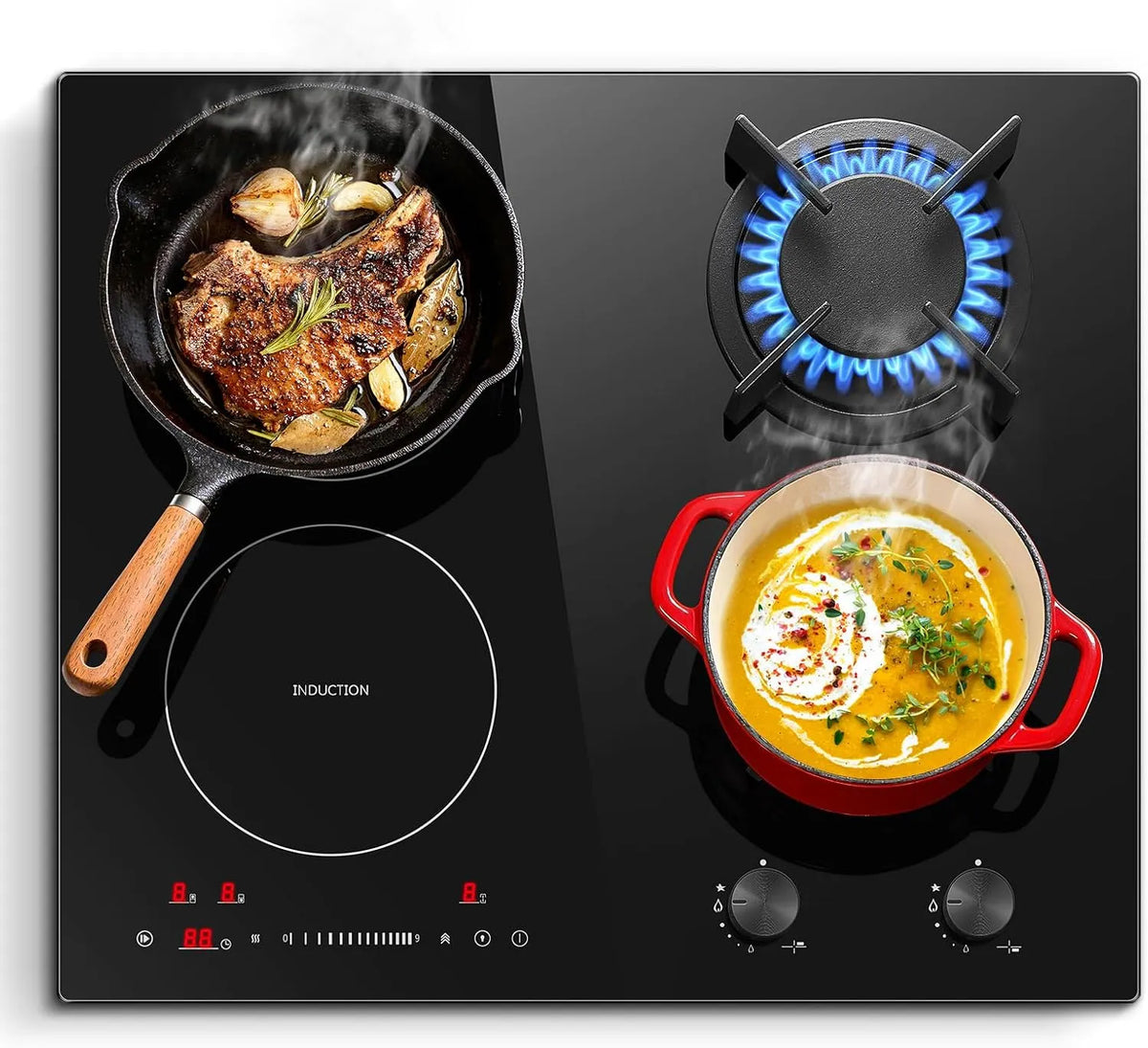 SNDOAS, Kogeplader, 60cm Gas hob Induction Hob kombination, 7500W med stik, Sort, 60cm, 7500W, 2400W, 1000W