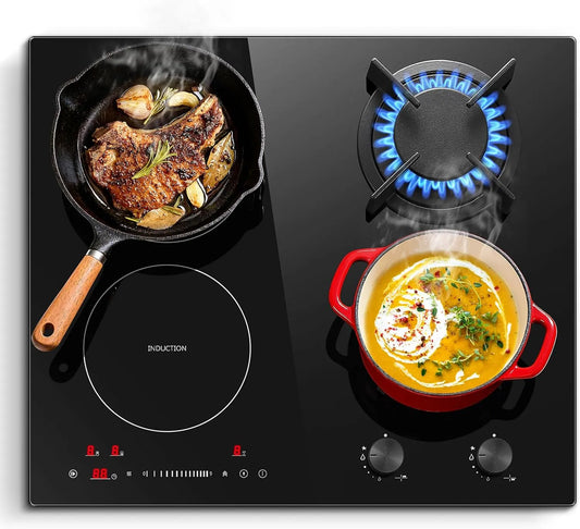 SNDOAS, Kogeplader, 60cm Gas hob Induction Hob kombination, 7500W med stik, Sort, 60cm, 7500W, 2400W, 1000W