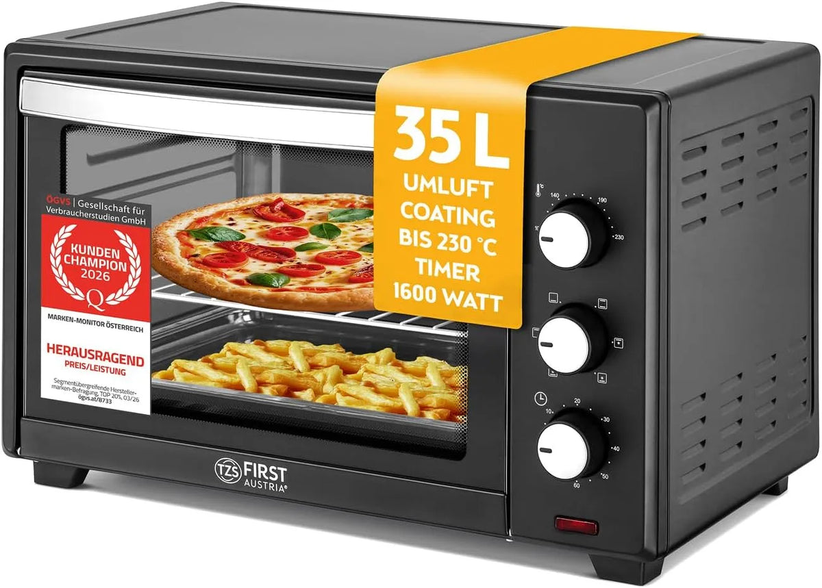 TZS First Austria, Miniovne, TZS Første Østrig - Minibakingofen 35L 1600W - Mini Bakingofen Pizzaofen, Sort / sølv, 35L, 1600W, 230 g