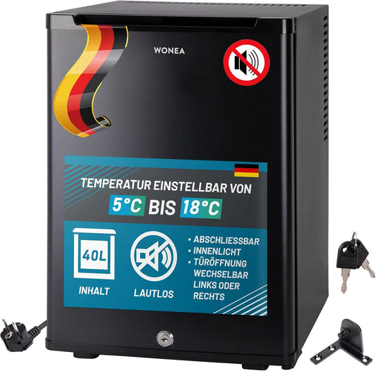 WONEA, Minikøleskabe, 40 liter Mini køleskab LAUTLOS støjfri, minibar med lås, 5 ° -18 ° C, Hvid, 40 l, 0dB, 36 l, 60kW