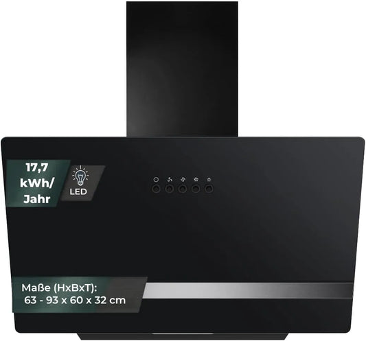 YUNA, Væghængte emhætter, område hætte DURESA 60 cm sort glas front 3 effektniveauer 47W motoreffekt, Sort, 60 cm, 47W, 68 dB, 3L