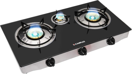 CAMPLUX TC03GBEU, Kogeplader, Explorer Glas Gas Coostage 3 Flamme, 6, 25 kW LPG Gas Cooker, Bærbar Camping, Sort, 25 kW, 03G, 6250 W, 2, 75 kW
