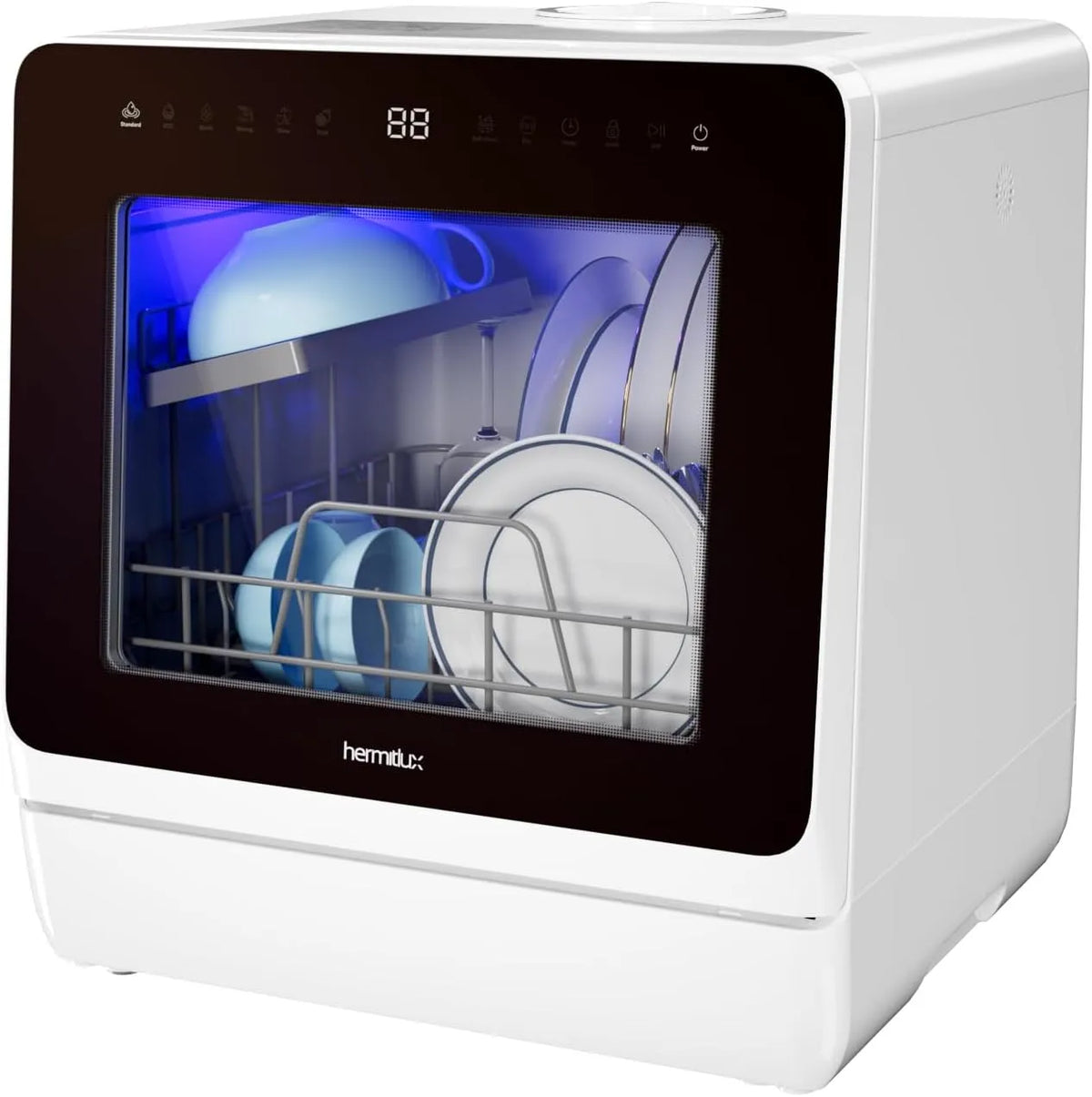 Hermitlux, Bordopvaskemaskiner, Hermilux Mini Opvaskemaskine 7 + 3 programmer, 1-18 timer starter forsinkelse, Sort, 46, 3 cm, 51cm, 25cm, 3 V