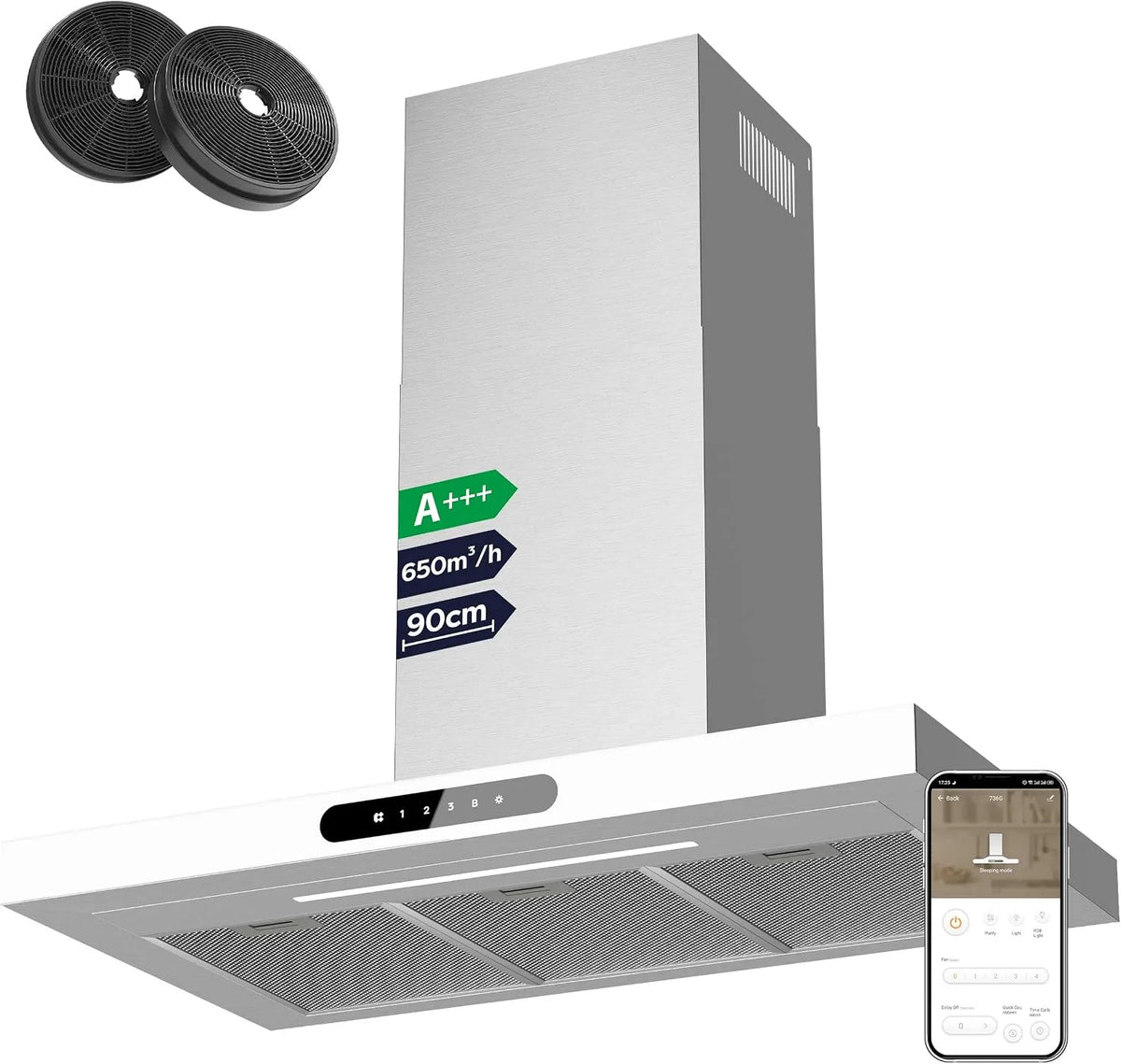CIARRA CBCW9102, Væghængte emhætter, Dynamisk A + + + + rækkevidde hætte 90 cm cirkulerende luft 709 m3 / h 56 dB, Sort / sølv, 90 cm, 56 dB