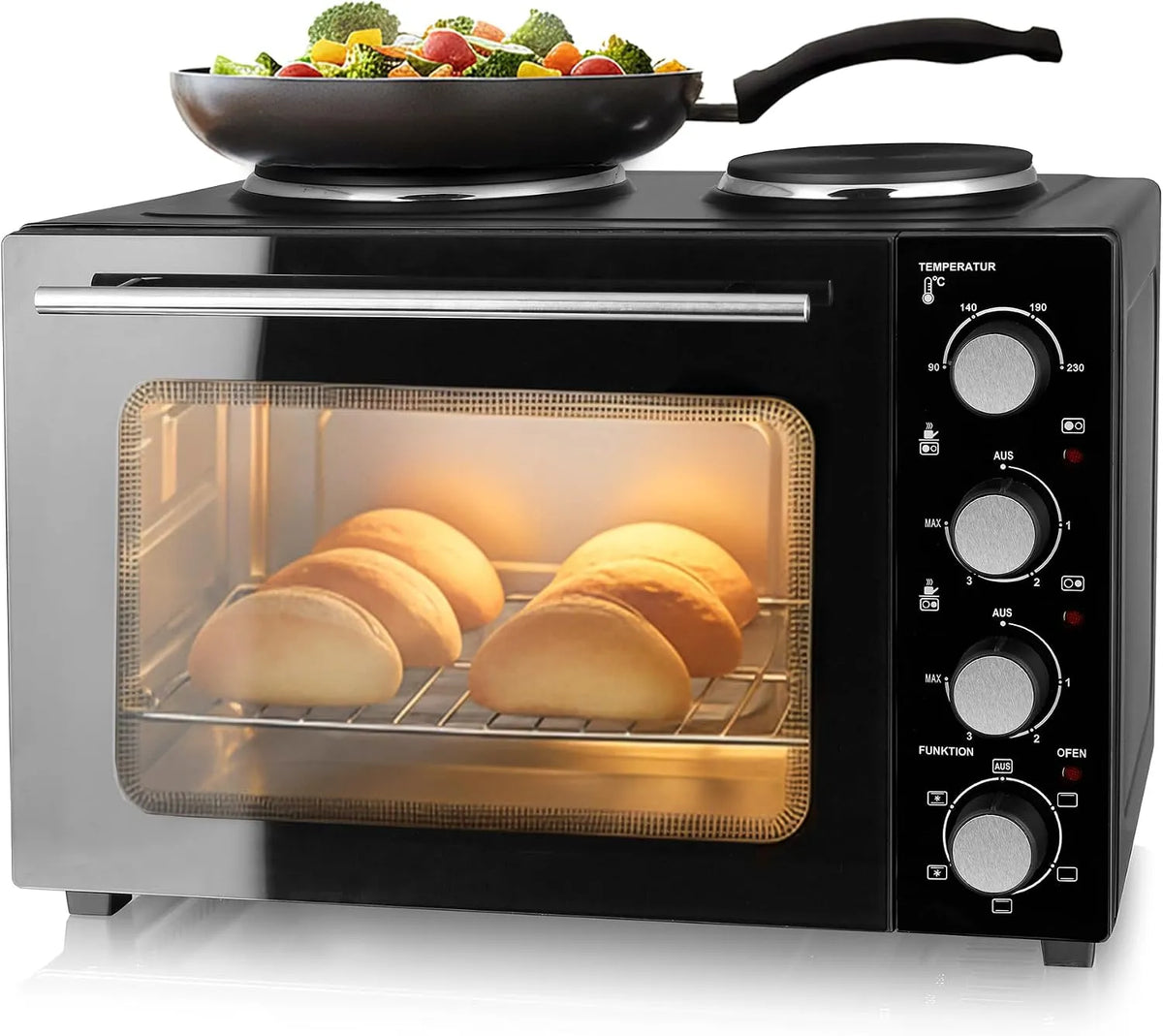 Emerio, Miniovne, ovn med 32 liter + 2 komfur plader, Sort / sølv, 32 l, 18.5cm, 1000W, 15.5cm