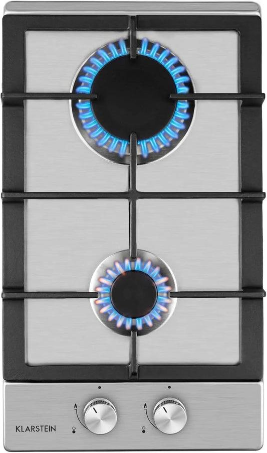 Klarstein 2-Flammig 2-flamme, Kogeplader, Gas komfur, bygget i gas kogeplader, Sabaf brænder, gas kogeplader til propan /, Sølv, 30 cm, 3 kW