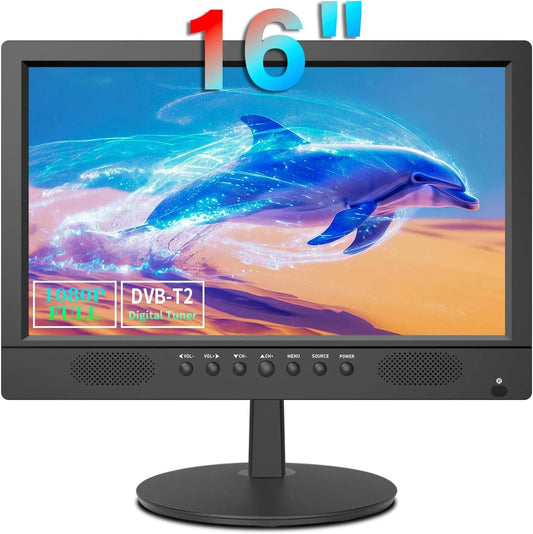KCR DVB-T2, TV'er, 16 tommer Freeview Digital TV, DVB- T2 Tuner, AV-indgang, HDMI / VGA, USB-slot, Sort, 12 v, 900 L, 230V