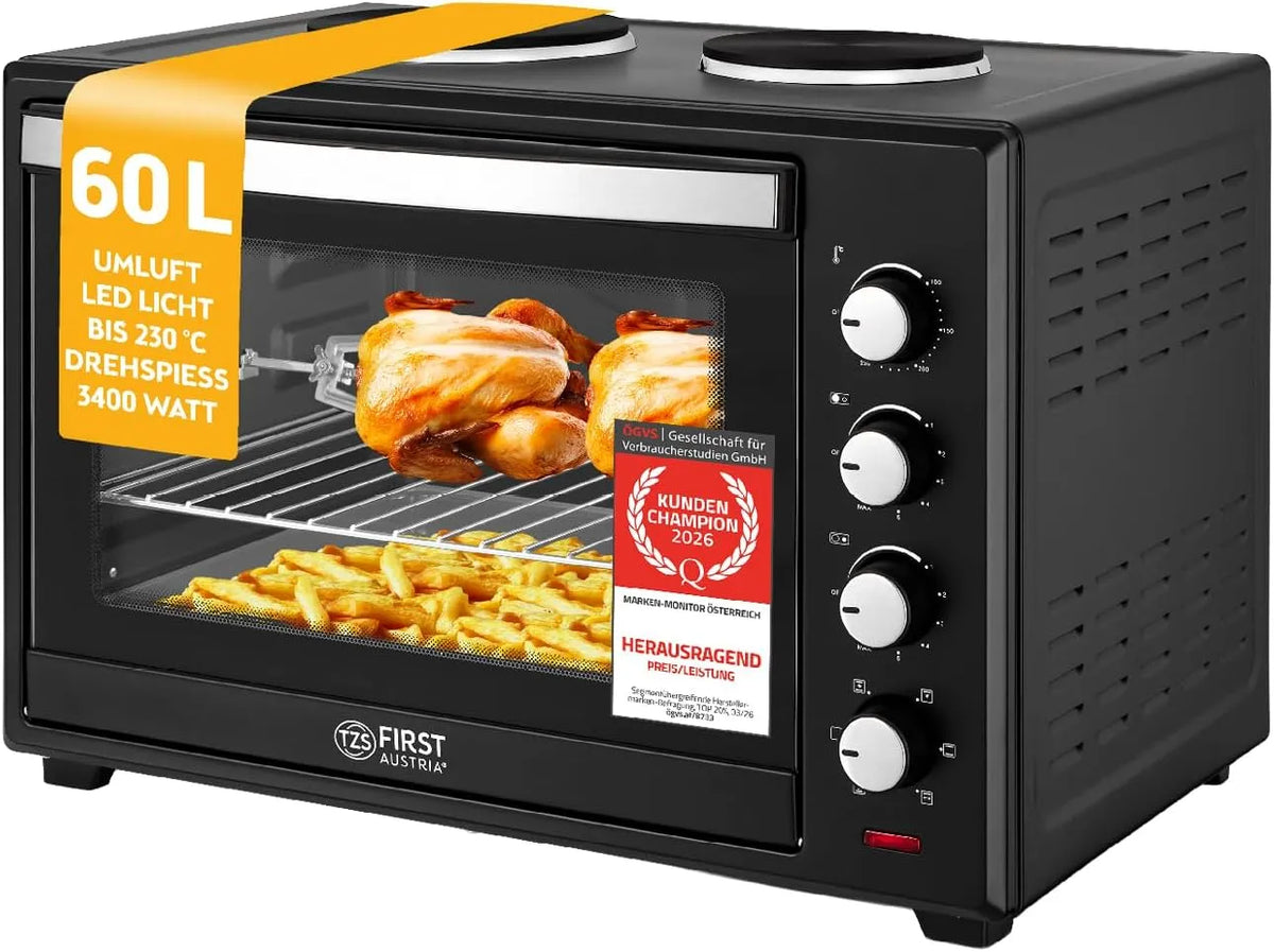 TZS First Austria, Miniovne, Mini ovn med kogeplader 60L 3200 W - Mini ovn pizza ovn med komfur plader op til, Sort / sølv, 60L, 3200 W, 6 v