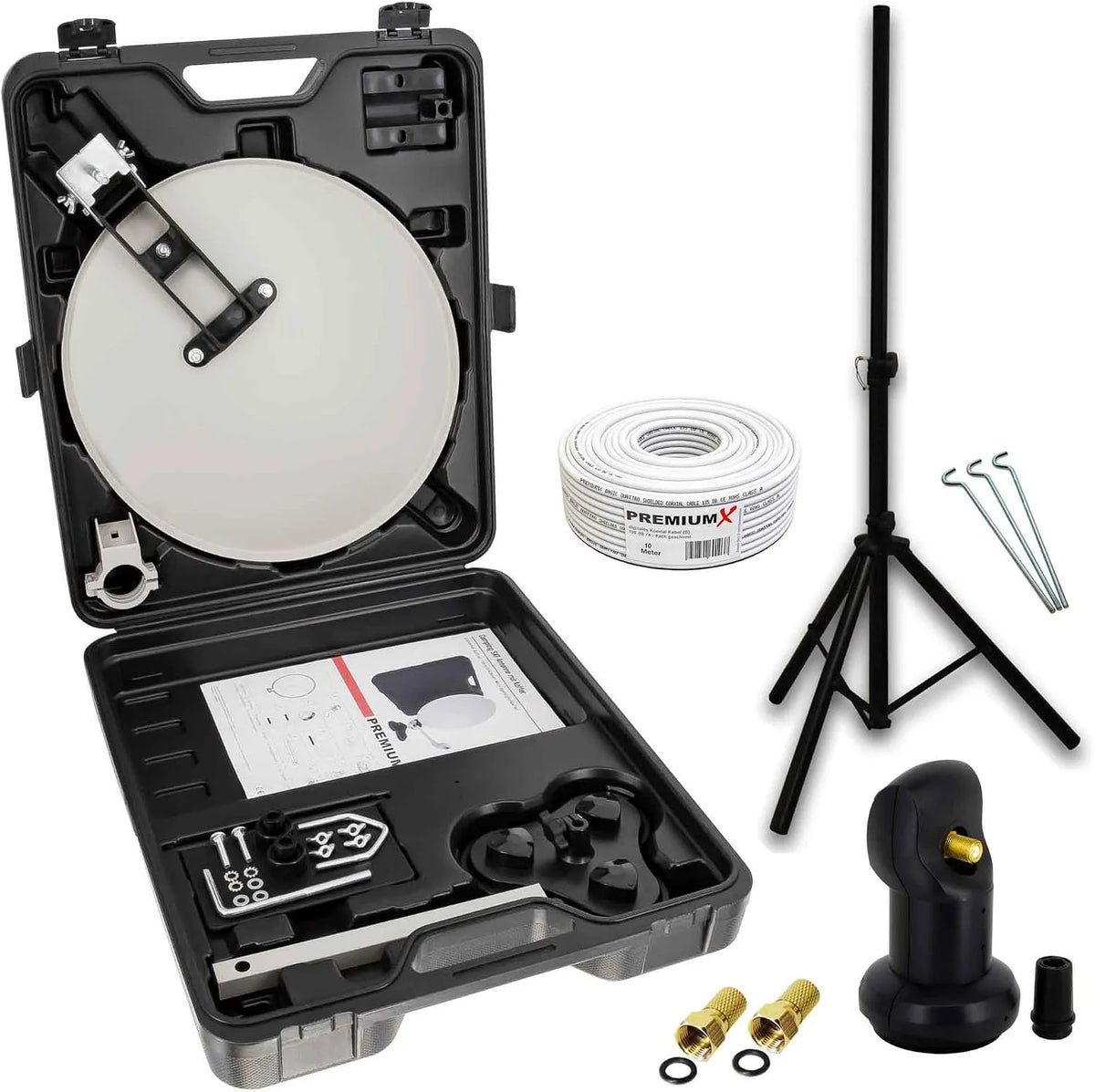 Premium X, ZXQKEEP0QXZ, X, Komplet satellitudstyr, ZXQKEEP1QXZX Camping SAT system Satellitskål trefod Single LNB 10m kabel 2X F stik, Flerfarvet, 0