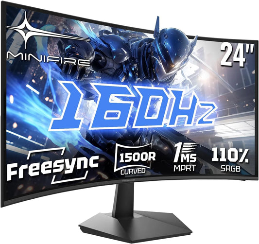 Minifire 1500R sRGB110, Skærme, Gaming Buede skærm 24 inches, 160Hz, Buede Gaming Monitor, 1Ms, FHD 1080P, Sort, 24 inch, 1L