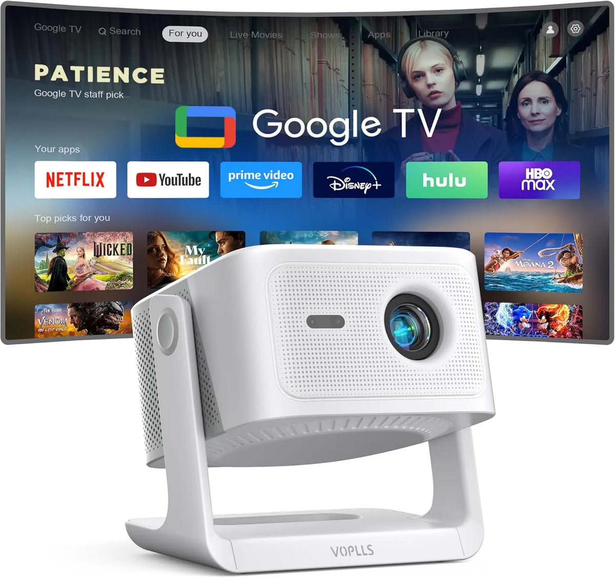 VOPLLS Audio/HDR10 1200ANSI, Projektorer, + Smart Beamer Mear Google TV / Official App Mear Beamer 4K Home Cinema med, Sort, 4K, 2G, 16G, 1G