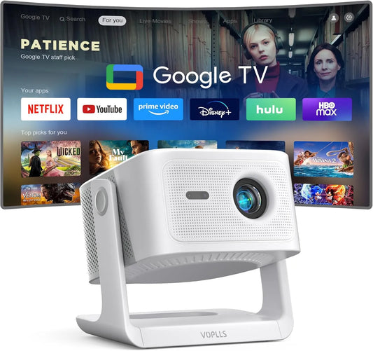 VOPLLS Audio/HDR10 1200ANSI, Projektorer, + Smart Beamer Mear Google TV / Official App Mear Beamer 4K Home Cinema med, Sort, 4K, 2G, 16G, 1G