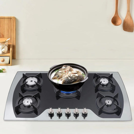 ieLsngai 20mbr, Kogeplader, Gas Hob 5 Flamme, glas Gas hob med automatisk termoelement beskyttelse, bygget-i, Sort, 90cm, 7 mm, 51 cm, 20 inch