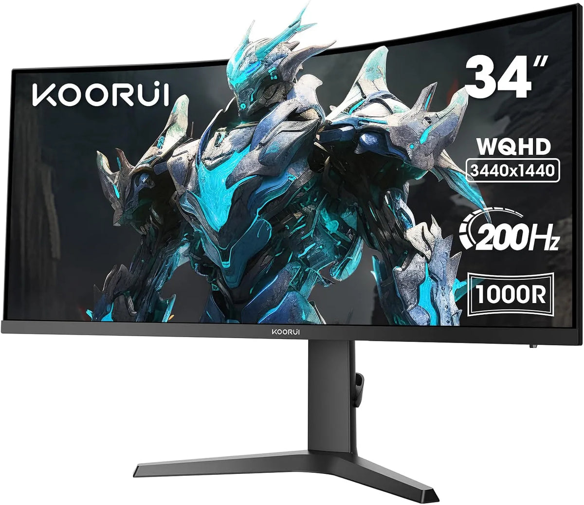 KOORUI, Skærme, 34 tommer Buet spilleskærm 200Hz skærm WQHD HDR 400 HDMI / DP, Sort, 200Hz, 110 mm, 75x75 mm, 4V