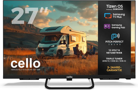 Cello CTRAV-27TZ, TV'er, CTRAV- 27 'Smart 12V Traveller- TV, 1080p, 2024, Tizen OS, satellit-modtagelse, Sort, 27 ', 12V, 230 V