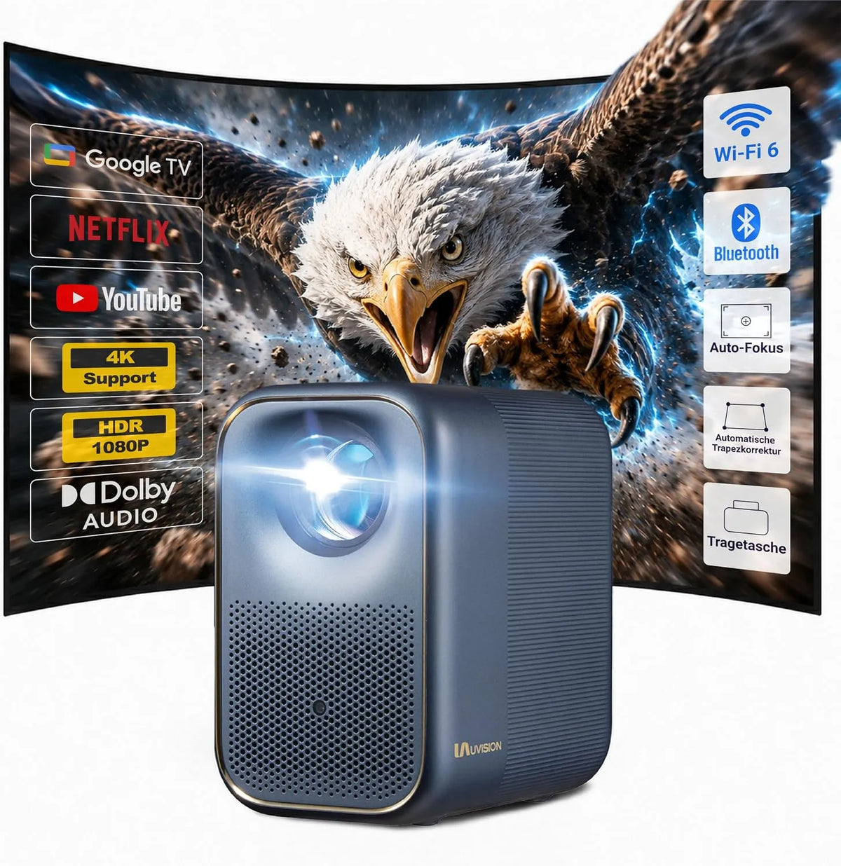 Uvision, Projektorer, Smart Beamer integreret Google TV, Netflix / YouTube, Dolby Audio, Autofocus /, Sort, 4K, 120 inch, 7 l, 1W