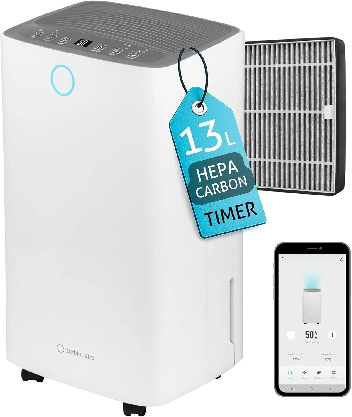 Turbionaire L/24H, Luftaffugtere, Senso 13 WIFI Ren affugter 13 L / 24H, HEPA + kulfilter, APP-stand, vandtank 2L, Hvid, 13 W, 13 L, 2L