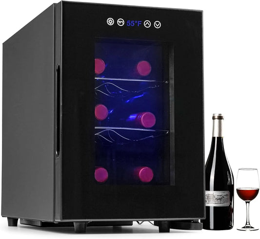 Iceblue 6-Flaschen-Weink 6-flaske, Drikkevarekøleskabe, Ice Blue Wine Køleskab, Digital Temperaturkontrol for hvid og rød vin køler, Sort