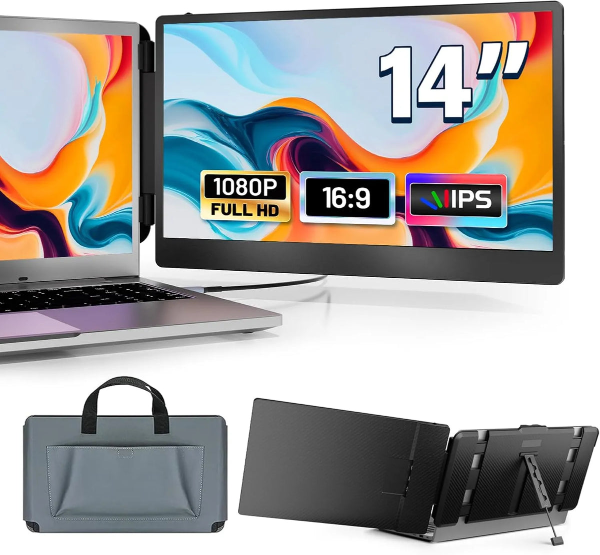 domyfan 1080P, Skærme, Portable Monitor til Laptop, 14 ' FHD Dual Laptop skærm Extender, HDMI / USB, Sort, 14 ', 13.3', 17 ', 17 inch