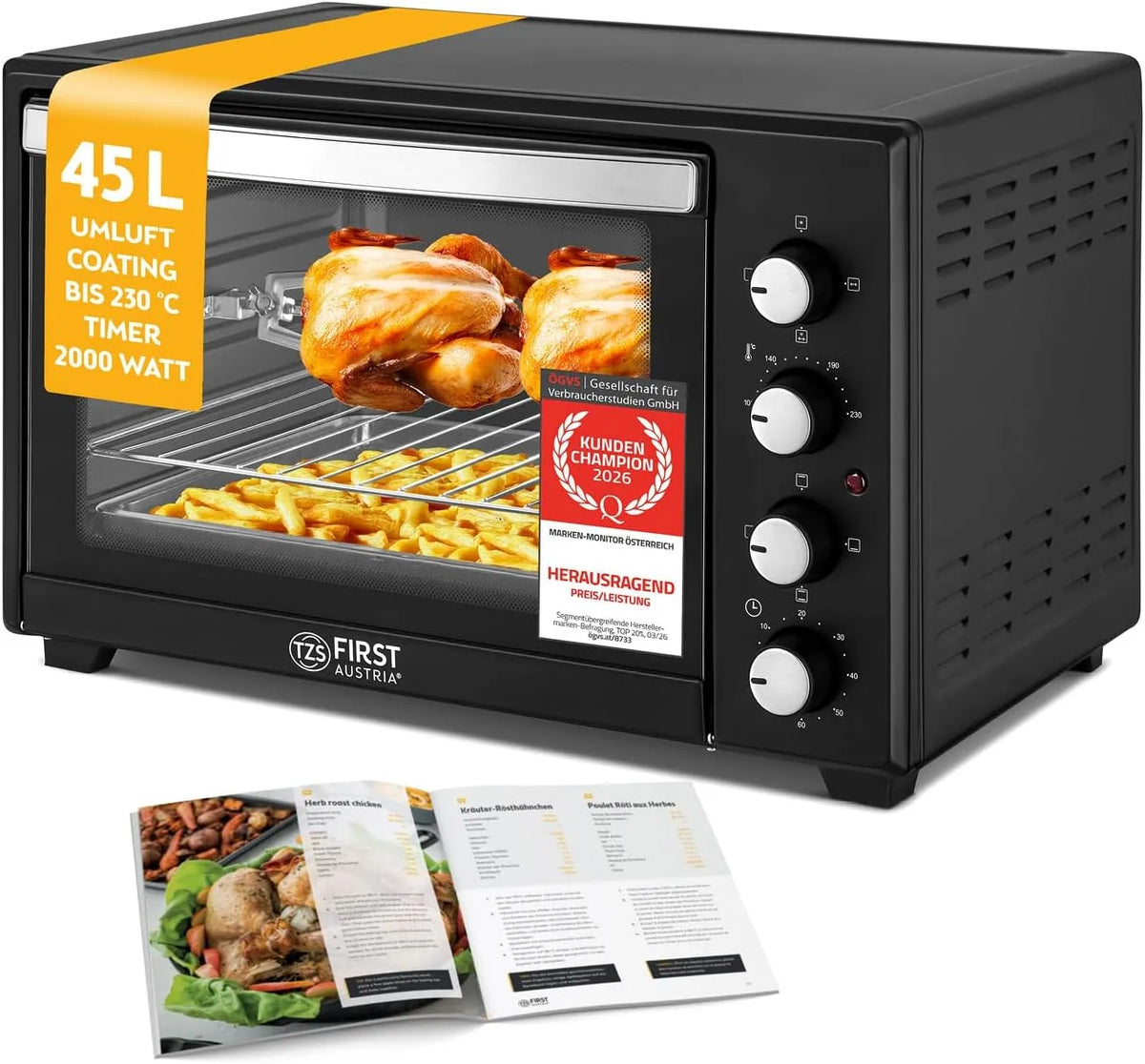 TZS First Austria, Miniovne, Minibakingofen 45L 2000W - Mini Bakingofen Pizzaofen Temperaturstyring op til 230, Sort / sølv, 45L, 2000W, 230 g