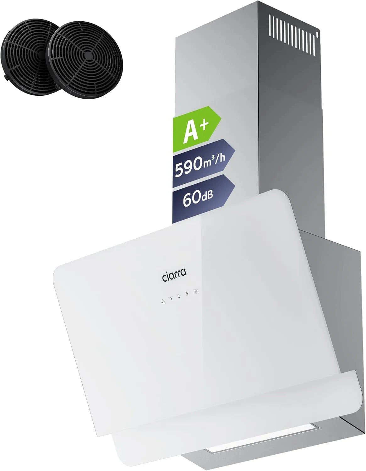 CIARRA CBCS6765C, Væghængte emhætter, A + Hovedløst område hætte 60 cm cirkulerende luft udstødning luft 590 m3 / h, Sort / sølv, 60 cm, 2 l