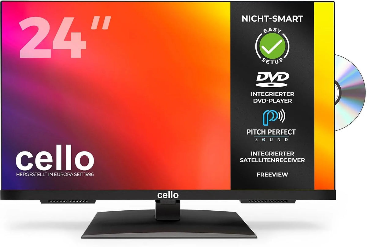 Cello DVB-C/S2/T2 C2424F, Bærbare TV'er, 24 tommer HD LED-tv med DVD-afspiller, tredobbelt tuner DVB- C / S2 / T2, Sort, 230 V