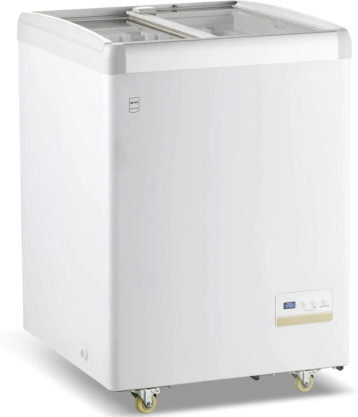 METRO Professional GICC1108, Kølemontrer, 120 L, fryser med skydeglasdør, 2 opbevaringskurve, dørlås, temperaturalarm, Hvid